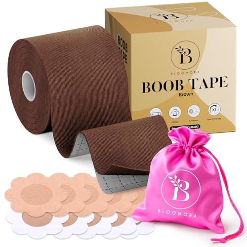 BLOOMORA Boob Tape – Cinta Adhesiva Pecho con Pezoneras Adhesivas Invisibles - Cinta para Pechos Grandes - Adhesivo para Vestidos sin Tirantes Marrón - Accesorios Incluidos