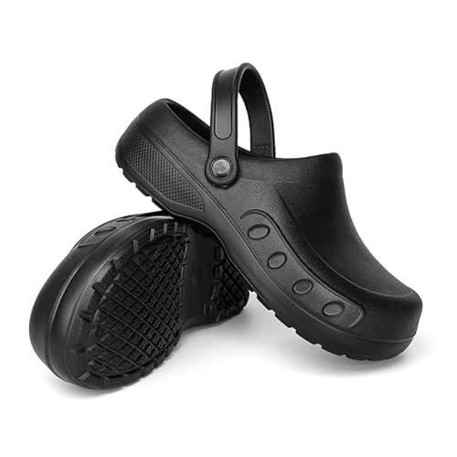 MEIAGDT Zuecos de Chef para Hombre, Antideslizantes, Impermeables y Resistentes al Aceite, Correas Ajustables, adecuados para Restaurante, Trabajo de enfermería, jardín para Catering Negro 43
