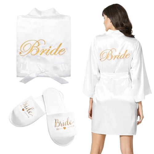 HENGBIRD Bata Novia Pijama Boda Mujer Albornoces Satén+Zapatilla Novia para Boda Vestido Ropa de Dormir Ducha
