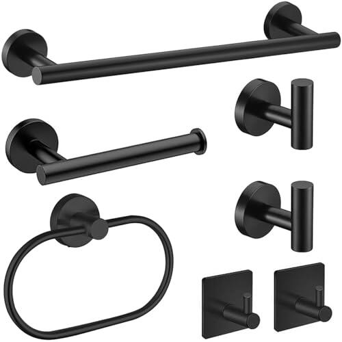 Juego de accesorios de baño de 7 piezas, toallero negro, accesorio de baño de acero inoxidable SUS304, incluye toallero negro, soporte para rollo de papel higiénico, anillo de toalla y ganchos de