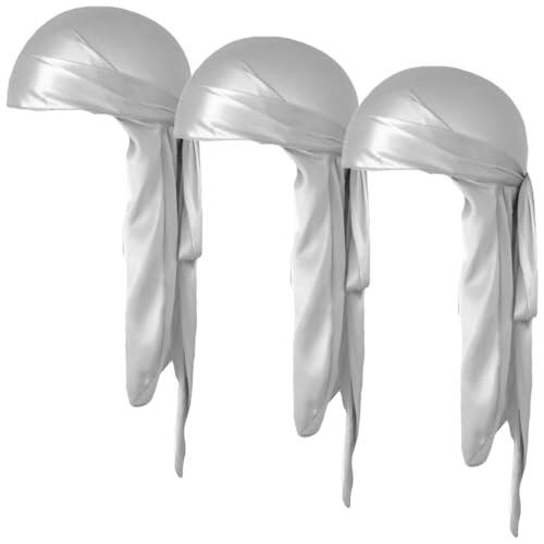 COYUN 3 PCS Durag de Cola Larga, Sombrero Pirata, Gorro de Onda Sedoso Bandanas Piratas Para unisexo, Durag de Seda Satinado Para unisexo, Banda de Cabeza Ondulada, Hip Hop y Decoración Diaria, gris