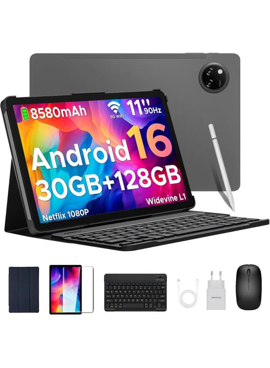 DOOGEE Tab A9 Pro+ Android 16 Tablet con Teclado y Lápiz, 30GB+128GB/2TB Tablet 11 Pulgadas Octa-Core, Gemini AI/8580mAh/5G WiFi/Widevine L1/ Doble Altavoz/Face ID/OTG Tablets Niños con Funda & Raton