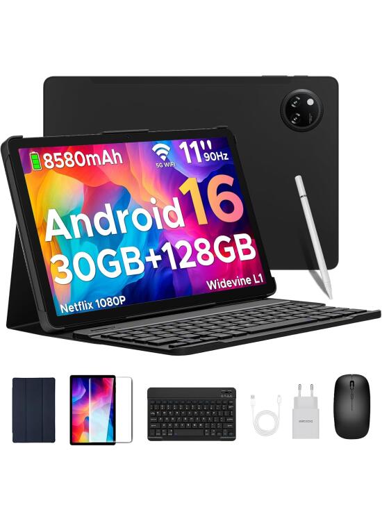 DOOGEE Tab A9 Pro+ Android 16 Tablet con Teclado y Lápiz, 30GB+128GB/2TB Tablet 11 Pulgadas Octa-Core, Gemini AI/8580mAh/5G WiFi/Widevine L1/ Doble Altavoz/Face ID/OTG Tablets Niños con Funda & Raton