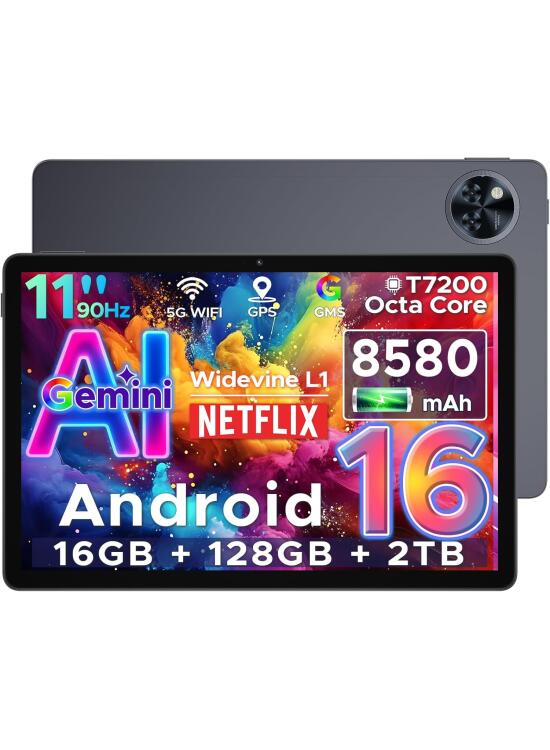 DOOGEE U11 Tablet Android 16, 16GB RAM+128GB ROM/2TB TF Octa-Core Tablets PC, Batería 8580mAh Tableta 11 Pulgadas, 13MP+5MP/2.4G+5G WLAN Tablet Android, OTG/Face ID/Widevine L1/ GMS/GPS Tablets Grande