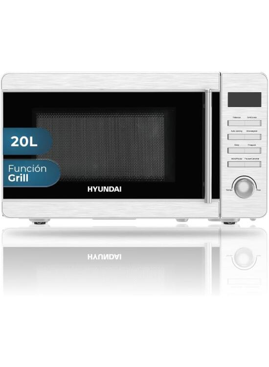 Hyundai Microondas 20 Litros con Grill Inox HME207DGI00. 700W, Grill 800W, 8 Programas, Modo Descongelación, Revestimiento Interior, Fácil Limpieza, Temporizador 60min.
