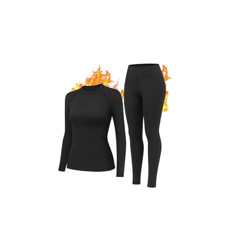 HiZiTi Camiseta Termica Mujer Invierno Conjunto Interior Termico Manga Larga Ropa para el Frio Extremo Camisetas Mallas Pantalones Leggings Térmicos Ropa Nieve Negro M