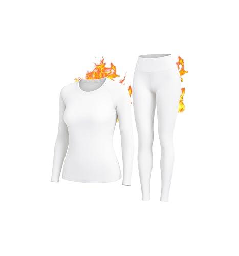 HiZiTi Camiseta Termica Mujer Invierno Conjunto Interior Termico Manga Larga Ropa para el Frio Extremo Camisetas Mallas Pantalones Leggings Térmicos Ropa Nieve Blanco S