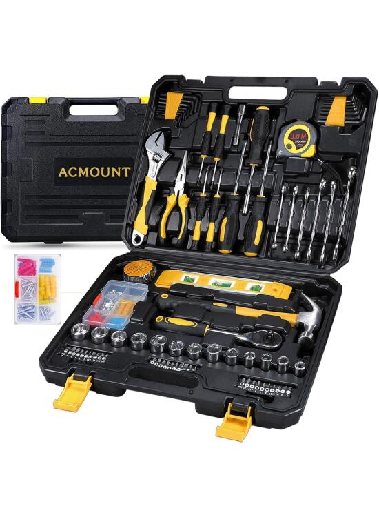 ACMOUNT Caja Herramientas Completa 145 Piezas, Maletin Caja de Herramientas, Kit Herramientas Domésticas de Bricolaje con Destornilladores, llave de Carraca, Herramientas para Hogar (Amarillo)
