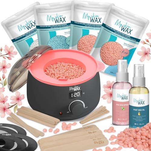 Calentador de cera depilatoria digital profesional con cuenco de silicona, kit de depilación sin bandas con 400 g de cera hipoalergénica de baja temperatura para cuerpo, rostro y zona bikini