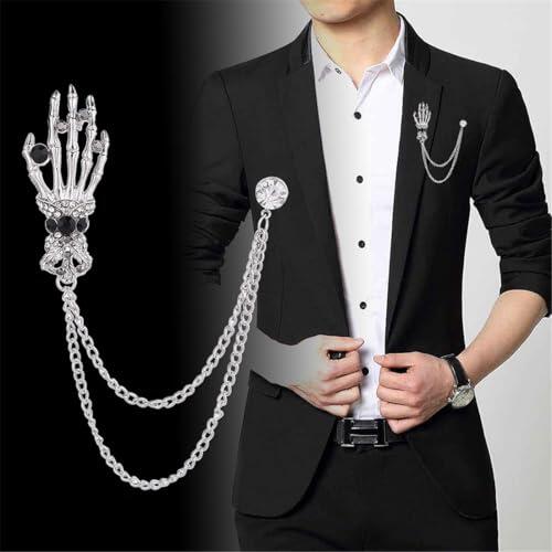 DIFLAX Broche de cadena, alfiler de cuello, broche con forma de mano de esqueleto, broche de Halloween para mujeres y hombres, para traje de negocios, esmoquin, camisa, corbata, sombrero y bufanda