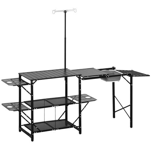 Outsunny Mesa de Cocina de Camping de 3 Niveles, Mesa de Camping Plegable Portátil con Fregadero, Estantes de Almacenaje, Soporte para Lámpara, Bolsa de Transporte para Exterior 173x52x80-174 cm Negro