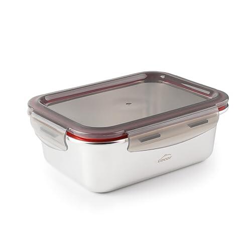 LACOR - 64611 - Recipiente para alimentos rectangular Ecoinox, Acero inoxidable 18/10, 1200 ml, Apto para microondas, horno, congelador y lavavajillas, Hermético, 4 Cierres de clip, BPA Free