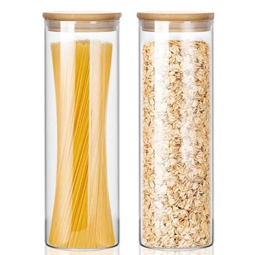 Zuzer 2 Tarros de Cristal con Tapa de Bambú 2000ml, Botes Cocina Almacenaje Herméticos, Vidrio para Alimentos Secos (10x10x30 cm)