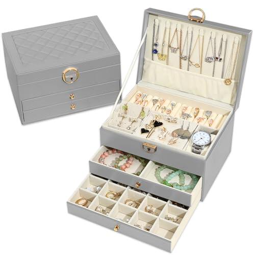 Granbest Joyero de 3 niveles con 2 cajones, elegante joyero, caja de joyería de cuero ideal para collares, pulseras, anillos y pendientes (gris)