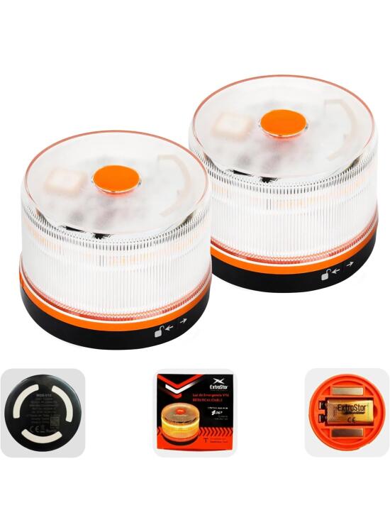 EXTRASTAR Luz Emergencia BalizaV16 Homologada DGT con Geolocalización, Baliza Coche Conectada DGT 3.0, Datos Incluidos hasta 12/2038, Pack 2 Unidades