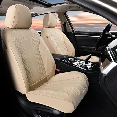 FLORICH Fundas Universales para Asientos de Coche para los Asientos Delanteros, Fundas Transpirables de Cuero Impermeable, Aptas para la Mayoría de Turismos, SUV (Asientos Delanteros, Beige)