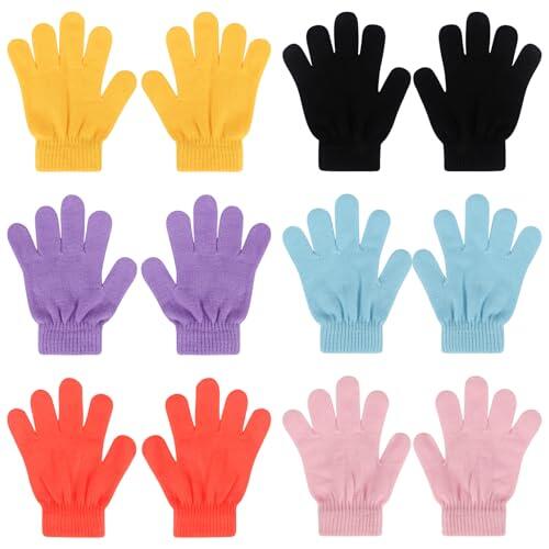 QKURT 6 pares de guantes elásticos mágicos para niños, guantes de punto unisex, guante cálidos de invierno, guante térmicos coloridos para niños y niñas de 4 a 12 años, todos los días