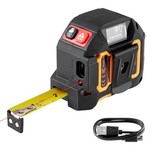 VEVOR Cinta Métrica Láser 2 en 1 Recargable 41 m y Cinta Métrica Magnética de 4,8 m, 4 Modos: Longitud, Área, Volumen, Continuo, Pies/Pulgadas/Metros/Pies+Pulgadas, para Exteriores y Decoración
