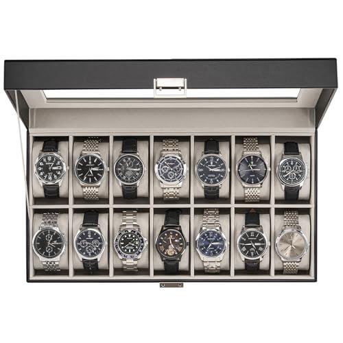 ProCase Caja Organizadora de Relojes 14 Ranuras, Estuche Joyero con Tapa de Cristal, Vitrina de Almacenamiento para Relojes, Pulseras y Joyas, Regalo Elegante para Hombres y Mujeres – Negro