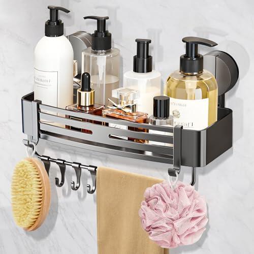 SupRovare Estante de ducha con ventosa sin taladrar – Estantería de ducha con 4 ganchos, 32 cm de longitud, capacidad de carga de 10 kg – Soporte de champú inoxidable para ducha, estante de baño