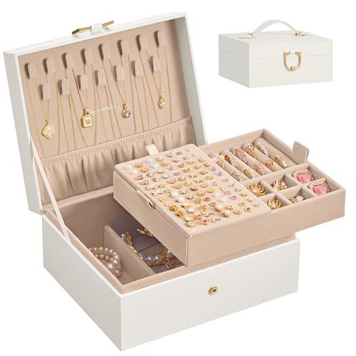 SONGMICS Caja Joyero, Organizador de Joyas de 2 Niveles con Bandeja Extraíble y Asa, para Collares, Pendientes y Anillos, 17 x 20,5 x 9,5 cm, Ideal para Regalo, Blanco Crema JBC208WD01