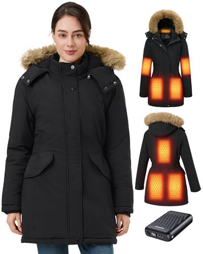 GOTOBI Chaqueta Calefactable Mujer Con Batería De 12V 18400 Mah, 8 Zonas De Calentamiento con 3 Niveles de Temperatura, Chaqueta Cortaviento y Cálido de invierno con Capucha de ExtraíBle,Negro,S