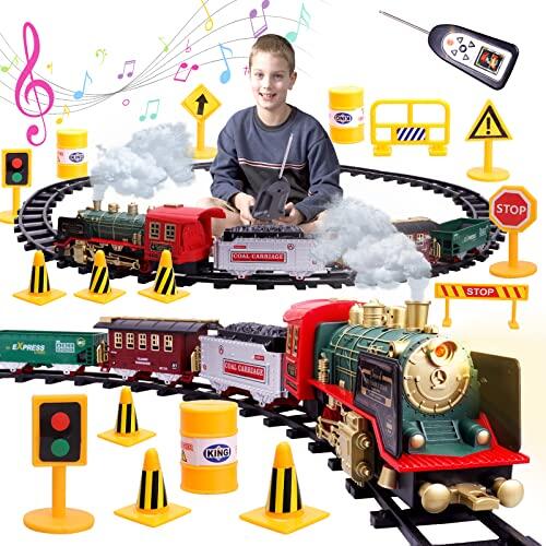 FORMIZON Tren Juguete para Niños, Tren de Navidad Eléctrico, Control Remoto Juegos De Trenes De Vapor con Humo, Luz, Sonidos, Locomotora de Vapor con Vías, Juegos Regalos para Niños