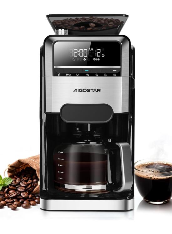 Aigostar Cafetera Goteo con Molinillo Incorporado, 1400W Maquina de Cafe, 7 Ajustes de Molienda, 3 Concentraciones, Capacidad de 1,5L (2-12 Tazas), Programable 24H con Mantenimiento de Calor, Negro