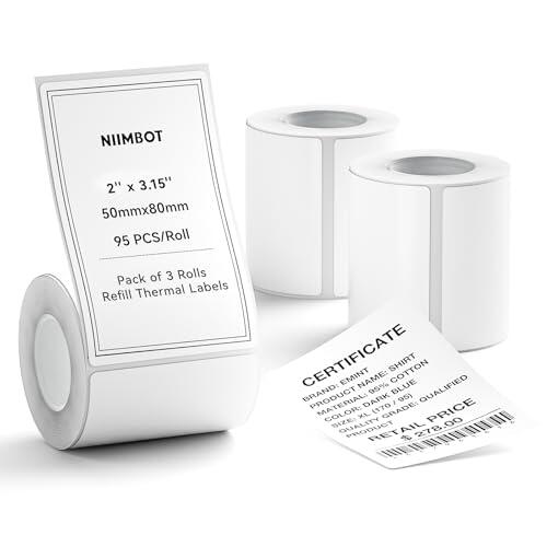 NIIMBOT 3 Rollos Etiquetas de 50 x 80 mm para impresoras de etiquetas B1/B1 Pro/B2/B2 Pro/B21/B21 Pro/B3S,Impermeables y resistentes al aceite,editables para el hogar,la escuela y la oficina