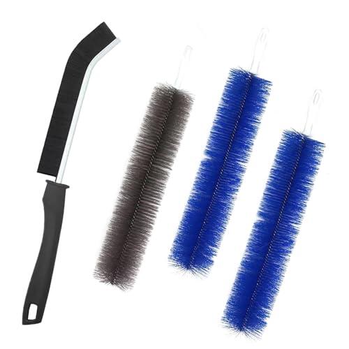 Un juego de 4 cepillos de limpieza de canalones de cerdas negras y azules con asas curvas