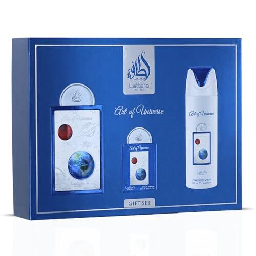 Lattafa Pride Art Of Universe - Juego de regalo de 3 piezas para hombre (EDP de 100 ml + spray corporal perfumado de 200 ml + EDP de viaje de 20 ml) - Fragancia de larga duración - bergamota