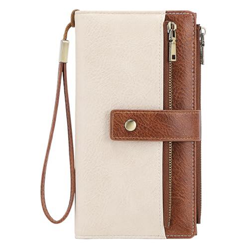 NEWIROVE Cartera Mujer Grande Monedero Piel PU Vintage Billetera con Cremallera Y Correa Extraíble RFID Carteras De Mujer con 24 Ranuras para Tarjetas Regalos para Mujer Señoras, Marrón & Blanco