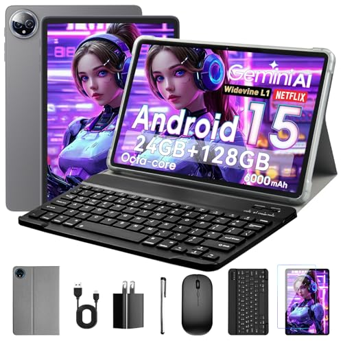 Tableta 10 Pulgadas Android 15, 24GB RAM + 128GB ROM (hasta 1TB), procesador Octa-Core, Pantalla IPS HD 1280x800, cámaras 5MP+8MP, batería 6000mAh, con Teclado, ratón y Widevine L1 (Gris)