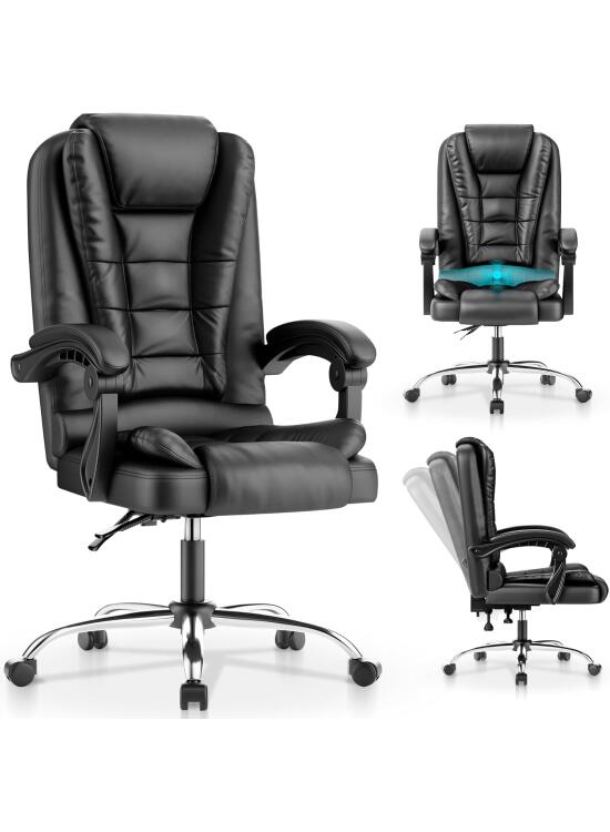 JUPPLIES Silla de Oficina Reclinable con Cojín Lumbar Masajeador – Sillón con Altura Ajustable y Ruedas Silenciosas, Respaldo Alto de PU Acolchado para Escritorio, Estudio o Trabajo (Negro)