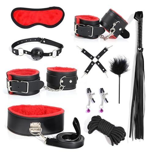 ZeeKoug 10 Piezas De Accesorios De Cuero De Peluche Cosplay Set Rojo, Ligero Y CóModo Mano Y Cadera De Yoga Herramienta, con Hebilla Cruzada Y LáTigo, Regalo De Pareja