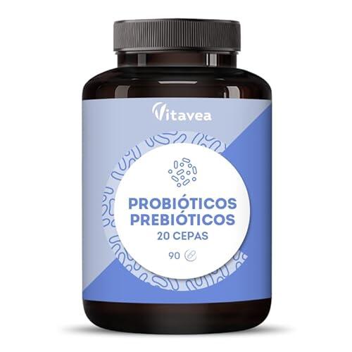 Probióticos y Prebióticos intestinales – Máxima Concentración 20 Cepas + Inulina de Achicoria – 20 Mil Millones UFC– Flora Intestinal y Bienestar Digestivo – 90 Cápsulas Veganas – Vitavea