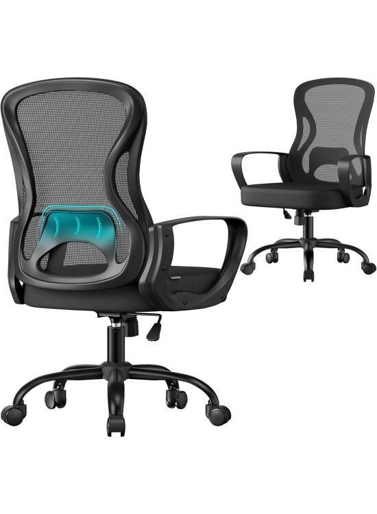 SONGMICS Silla de Oficina Ergonómica, Silla de Escritorio Giratoria de Malla con Soporte Lumbar, Reposabrazos, para Estudio y Dormitorio, Negro Tinta OBN043BH02