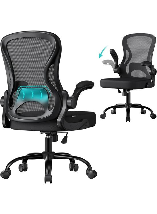 SONGMICS Silla de Oficina Ergonómica, Silla de Escritorio Giratoria de Malla con Soporte Lumbar, Reposabrazos Abatibles, para Estudio y Dormitorio, Negro Tinta OBN042BH02