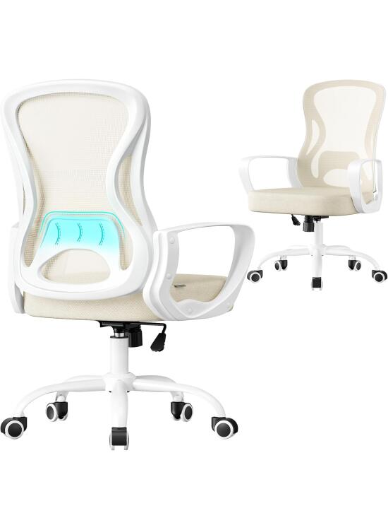 SONGMICS Silla de Oficina Ergonómica, Silla de Escritorio Giratoria de Malla con Soporte Lumbar, Reposabrazos, para Estudio y Dormitorio, Beige Capuchino y Blanco Nube OBN043LH02