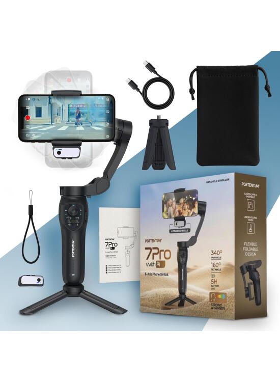 PORTENTUM 7 Pro estabilizador para movil con módulo IA de Seguimiento Independiente – Gimbal para móvil de 3 Ejes Plegable con trípode – App – Compatible iPhone y Android – Vlog, Youtube y TikTok