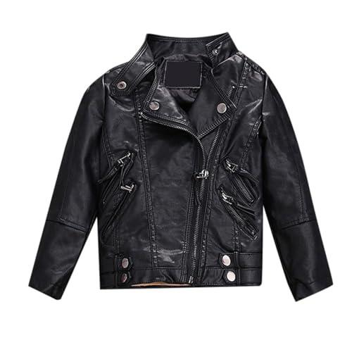 Chaqueta de cuero para niñas, abrigo de moto para niños, chaqueta de moda de primavera con cremallera para niñas y niños, Negro , 7-8 años