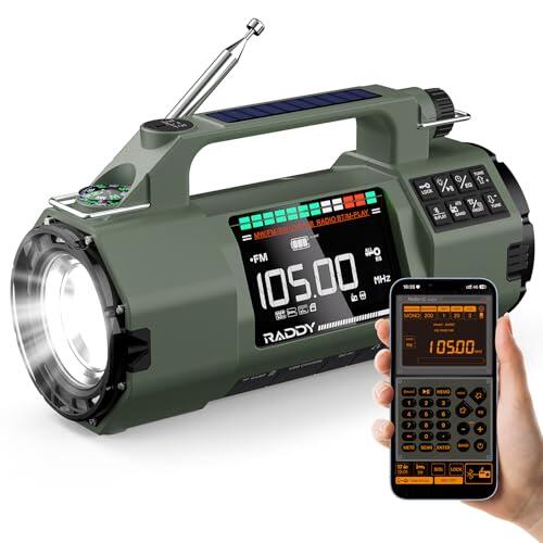 Raddy SH-907 Radio de Emergencia con Control App, manivela, Solar, Receptor Am/FM/SW/VHF con Batería Reemplazable de 5000 mAh, Linterna, SOS, Brújula para Cortes de Energía, Camping y Emergencias