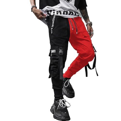 XYXIONGMAO Pantalones Deportivos para Hombre, Estilo Hip Hop, Estilo harén, Ropa de Calle, tácticos, Negro&Rojo, Medium