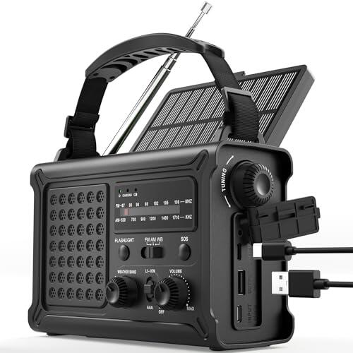 ROCAM Radio Solar de Emergencia 12000 mAh con Manivela 650 mA y Panel Solar 8500 mm², Radio Portátil Am/FM con Linterna LED, Carga USB, Alarma SOS e Impermeable IPX6 – Ideal para Camping y Apagones