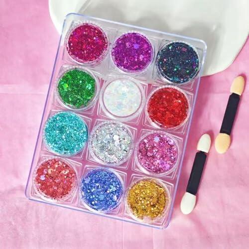 12 Colores Chunky Glitter Gel, Brillantes para la Cara Festival, Gel Corporal con Purpurina, Festival Purpurina para Carnaval, Festival, Mascarada y Maquillaje de Fiesta