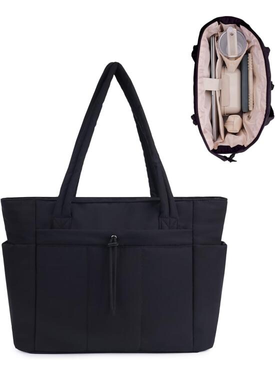 Wandering Nature Bolso Mujer Acolchado Grande, Bolso Shopper Mujer con Compartimento para Portátil 15.6" y Portabotellas 40oz para Negocios Escuela Viajes, (Patente en Trámite)