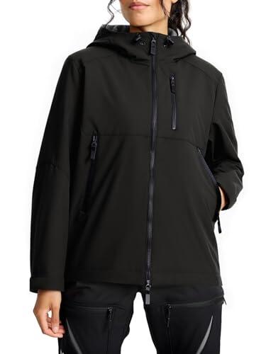 Fiosew Chaqueta impermeable para mujer, chaqueta de forro polar, cortavientos, chaqueta ligera de entretiempo, chaqueta funcional con capucha, Negro , M