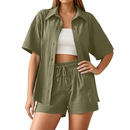 Conjunto de dos piezas para mujer de verano corto de muselina, blusa y pantalones cortos, elegante, esthetic, 2 piezas, ropa de salón, ligera, transpirable, traje de playa, conjunto de ropa de manga