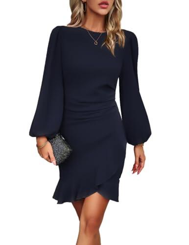 HUXRAKV Vestido Mujer Elegante Manga Larga Casual Vestido De Volante Dobladillo Vestidos para Invitada Coctel, A-Azul Marino, S