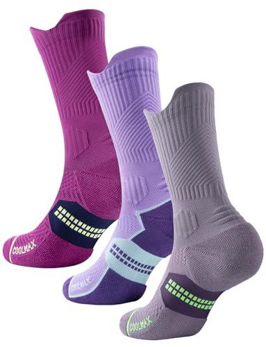 Juclise Calcetines de compresión Coolmax Bamboo para correr para mujer, transpirables, antiampollas acolchados (FR/ES, Números, 35, 38, Regular, Regular, Roca Lunar+Púrpura Brillante Doble+Rosa Roja)